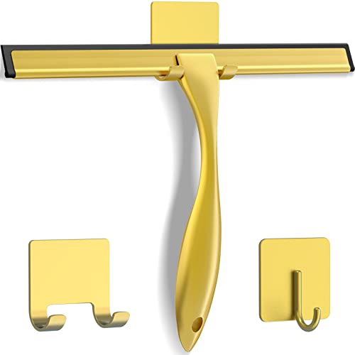 All-Purpose Stainless Steel Shower Squeegee for Shower Doors with 2 Adhesive Hooks, Bathroom Cleaner Tool Household Window Mirror Squeegee for Home Cleaning, Glass Door, Tile Wall, Car, 12 Inch Golden - color: Golden, size: 12 Inch