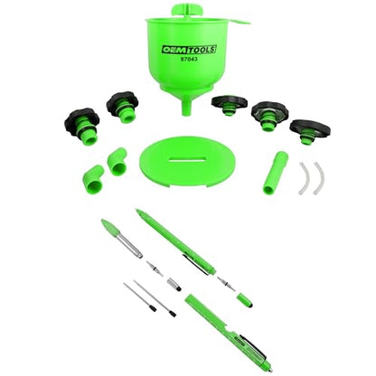 OEMTOOLS No-Spill Professional Quality Coolant Funnel Kit, Multi-Tool Pen Set 2 Piece, EDC Pen, Coolant Set Includes 5 Adapters, Extensions, and Automotive Funnel, Air Venting, Drip-Free