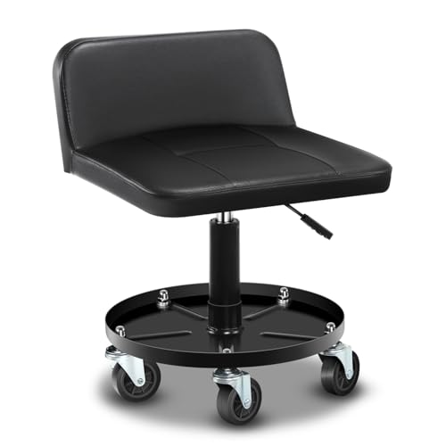 Auto Dynasty Universal Max 330 Lbs Stool Adjustable Mechanic Rolling Garage Padded Seat with Tool Tray Casters for Household Home Garage Warehouse Office, Black