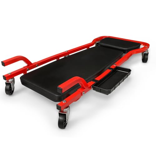 Magshion Mechanic Creeper Garage Automotive Floor Low Profile Roller Mechanics Tools, 44" 6 Caster Creeper with Adjustable Cushioned Headrest - 300 lbs Capacity (Red) - color: Red, size: 44"
