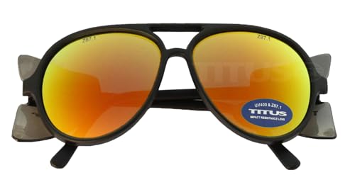 TITUS G35 Retro Aviator Z87 DOT ANSI CE Approved Safety Glasses | W/Protective Side Shields, UV400 Polycarbonate Lenses, Flexible Nylon Stems, Eye Protection, Sunglasses, Motorcycle, Shooting - color: Sunset Rev Mirror Over Smoke