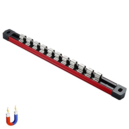 ALOANES 1/2-Inch Drive Magnetic Socket Organizer, Heavy Duty Aluminum Socket Rails, 11 Stainless Clips (Red)