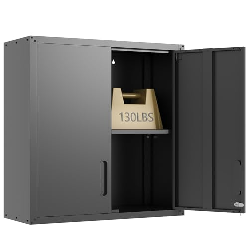 Garage Wall Cabinet Metal Storage Cabinet with Lock Black Wall Mounted Heavy Duty Steel Tool Cabinet with 2 Doors Hanging Cabinet for Garage Warehouse Bathroom Kitchen,Assembly Required - color: Black, style: 2 doors wall cabinet 02