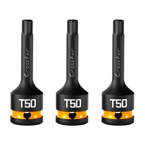 Crosstar 3pc T50 Impact Torx Bit Socket Set, 1/2" Drive Cr-Mo Steel, Long High Impact Star Sockets for Automotive & Heavy-Duty Use, Professional Mechanic Tools with Transparent Case - size: T50 (Long)