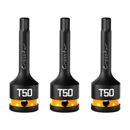Crosstar 3pc T50 Impact Torx Bit Socket Set, 1/2" Drive Cr-Mo Steel, Long High Impact Star Sockets for Automotive & Heavy-Duty Use, Professional Mechanic Tools with Transparent Case - size: T50 (Long)