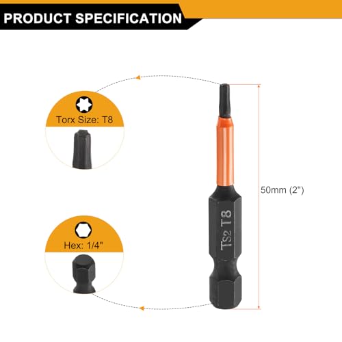 HARFINGTON 3pcs T8 Torx Head Screwdriver Bit 2" (50mm) Long 1/4" Hex Shank Magnetic No Hole Tamper Proof 6 Point Star Screw Driver Drill Bits Phosphate S2 Steel Industrial Power Tools - size: T8 x 50mm