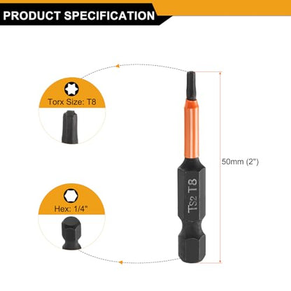 HARFINGTON 3pcs T8 Torx Head Screwdriver Bit 2" (50mm) Long 1/4" Hex Shank Magnetic No Hole Tamper Proof 6 Point Star Screw Driver Drill Bits Phosphate S2 Steel Industrial Power Tools - size: T8 x 50mm