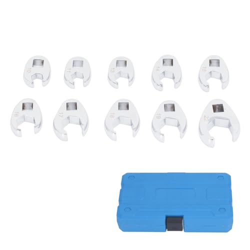10 Piece Metric Crowfoot Wrench Set 3/8 Inch Drive Flare Nut Spanner Kit U Shaped Open End Wrenches for Automotive Brake Fuel Hydraulic Line Repair in Tight Spaces Heavy Duty 45