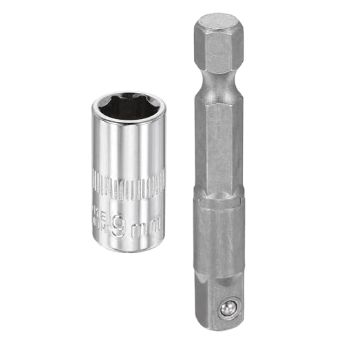 HARFINGTON Deep 6-Point Impact Socket 1/4" Drive 9mm Metric Socket 25mm (1") Long with 1/4" Hex Shank Adapter, CR-V Steel Socket Adapter Accessory Tool Set Kit for Hex Bolts Nuts - size: 9mm x 25mm