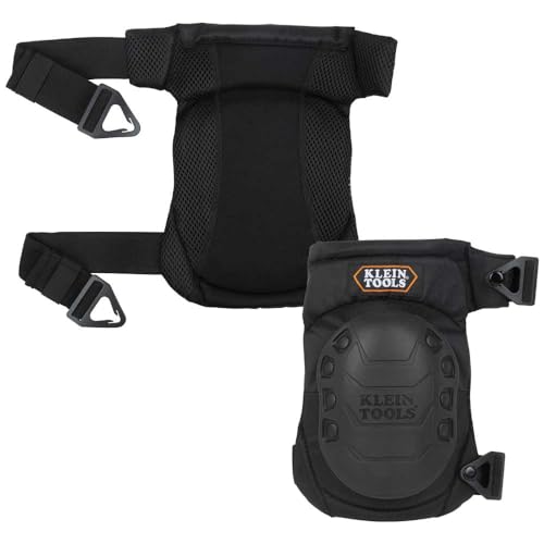 KLEIN TOOLS 60344 Knee Pads, Hinged Gel Knee Pads with Slip Resistant Rubber Caps, Quick-Release Clips and Adjustable Straps, Black