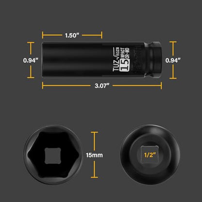 1/2 Inch Drive 15mm Deep Metric 6 Point CR-MO Impact Socket | Radius Corner Design,Square Chamfered Opening,Axle Nut Impact Grade Socket for Easy Removal - size: 1/2” Drive 15mm Deep, style: 1/2" Drive Deep Socket