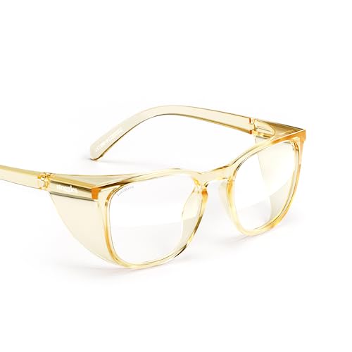 Stoggles Square Z87.1 Certified Polycarbonate Safety Glasses, Anti-Fog | Stylish, Protective, Blue-Light + UV Blocking, Top/Side Shields, Rx Ready, Unisex, Light, Scratch & Impact Resistant - color: Pineapple, size: Medium