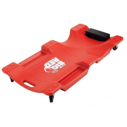 Big RED Plastic Rolling Garage/Shop Creeper: 40" Mechanic Cart with Padded Headrest, Dual Tool Trays and 6 Casters