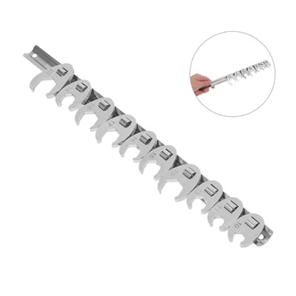 FUOYLOO 10pcs 3/8-inch Metric Ratcheting Open-end Wrench Set with Quick-release Swivel Head, Silver Flare Nut Crowfoot Wrenches for Automotive Repair and Maintenance