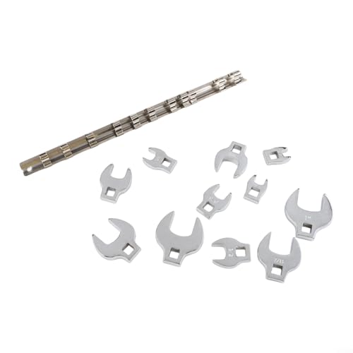 FABULETTA Crowfoot Wrench Set 3/8 Drive Open End Spanner, Carbon Steel Chrome Plated Metric Flare Nut Wrenches for Automotive Brake Line Hydraulic Fitting, Tight Space Accessory Kit, 11 Pieces