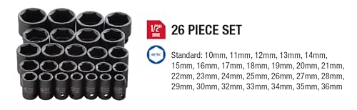 Sunex 2645, 1/2 Inch Drive Impact Socket Set, 26-Piece, Metric, 10mm-36mm, Cr-Mo Alloy Steel, Radius Corner Design, Heavy Duty Storage Case - size: 1 Pack