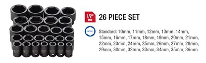 Sunex 2645, 1/2 Inch Drive Impact Socket Set, 26-Piece, Metric, 10mm-36mm, Cr-Mo Alloy Steel, Radius Corner Design, Heavy Duty Storage Case - size: 1 Pack