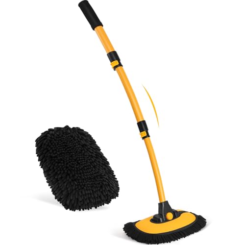Ordenado 15°Curved Car Wash Brush with Long Handle, 43" Car Cleaning Brush with Extension Pole, Microfiber RV Wash Mop Scratch-Free, Exterior Washer Mop for Washing Roof Truck Camper SUV Caravan Boat - color: Black and Yellow