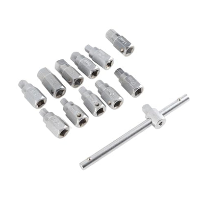 12 Pcs Drain Plug Key Socket Set, Steel Axle Oil Sump Spanner Wrench with T-Bar and Multiple Hex Sizes for Engine, Gear Box & Back Axle Oil Drain Plug Removal