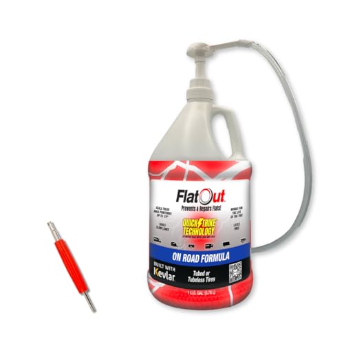 FlatOut QuickStrike On Road Tire Sealant - NEW Formula - Prevents Flat Tires - Seals Leaks - Contains Kevlar - Tubeless Tire Sealant - 1 Gallon + Tool - size: 128 Fl Oz + Tool