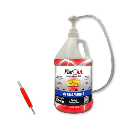 FlatOut QuickStrike On Road Tire Sealant - NEW Formula - Prevents Flat Tires - Seals Leaks - Contains Kevlar - Tubeless Tire Sealant - 1 Gallon + Tool - size: 128 Fl Oz + Tool