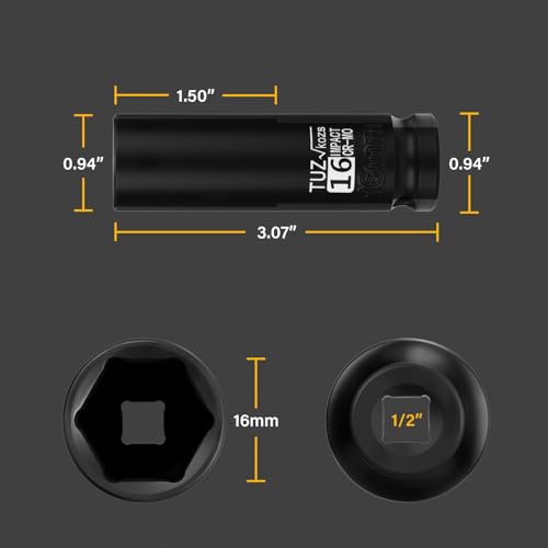 1/2 Inch Drive 16mm Deep Metric 6 Point CR-MO Impact Socket | Radius Corner Design,Square Chamfered Opening,Axle Nut Impact Grade Socket for Easy Removal - size: 1/2” Drive 16mm Deep, style: 1/2" Drive Deep Socket