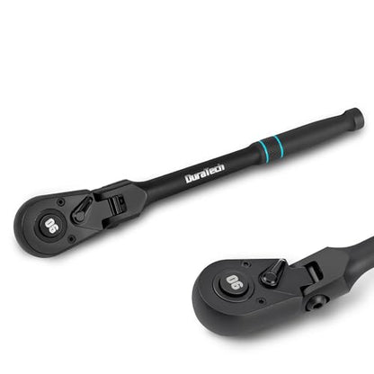 DURATECH 1/2-Inch Drive Flex-Head Ratchet, 90-Tooth Quick-Release Ratchet Wrench with 180° Pivoting Head and 7-Position Setting, Reversible, CR-V Made, CR-MO Head, 4° Swing, Black Mn Phosphate Finish - size: 1/2"(Black)