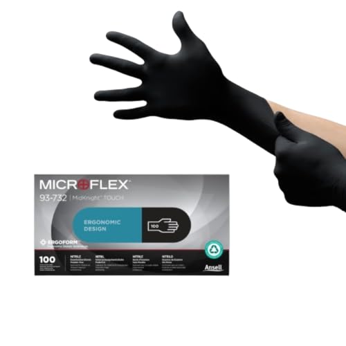 Ansell MICROFLEX Midknight Touch 93-732 Disposable Nitrile Exam Gloves for Auto, Tattoo, Dentistry, Catering, 4.3 mil - Large, Black (Box of 100) - size: Large, style: Thin
