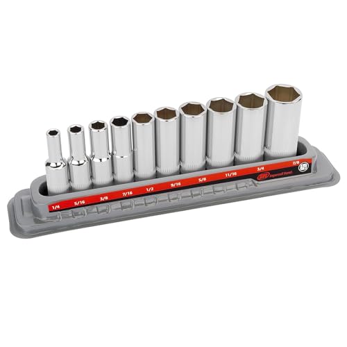 Ingersoll Rand 10 Pc. 3/8" Drive Deep Socket Set, SAE 6-Point, Chrome Vanadium Steel, 1/4"–7/8" with Storage Tray – 752050X - size: 3/8 in. Drive Deep Socket Set, style: SAE