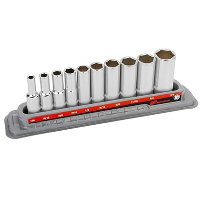 Ingersoll Rand 10 Pc. 3/8" Drive Deep Socket Set, SAE 6-Point, Chrome Vanadium Steel, 1/4"–7/8" with Storage Tray – 752050X - size: 3/8 in. Drive Deep Socket Set, style: SAE