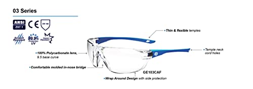 GE Safety Glasses, ANSI Z87.1, 03 Series, Anti-scratch Lens, 99.9% UV Protection, EN 166, 12 Pack - color: Blue