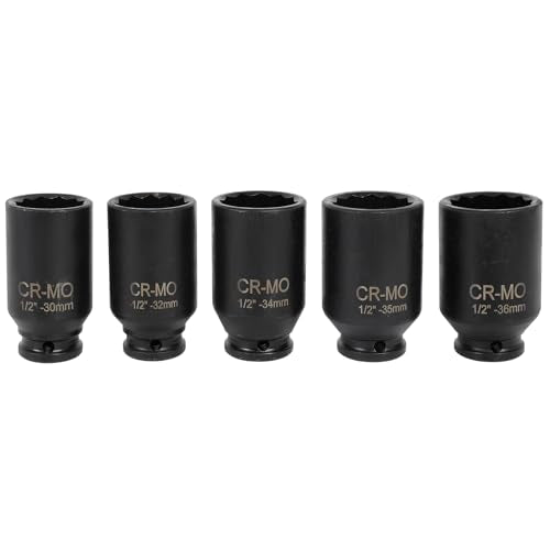 SCITOO 1/2 5PCS Drive Deep Impact Axle Hub Socket Set,Axle Nut Hub Impact,12 Point,30mm-36mm(30mm,32mm,34mm,35mm,36mm)