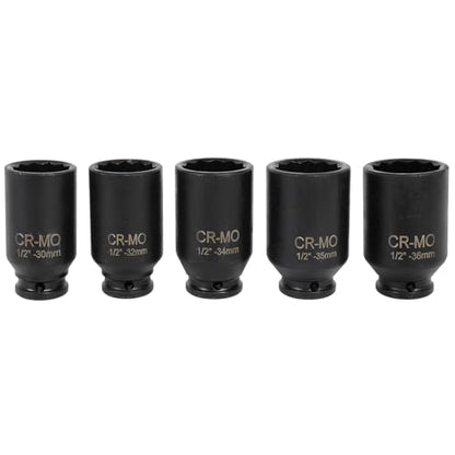 SCITOO 1/2 5PCS Drive Deep Impact Axle Hub Socket Set,Axle Nut Hub Impact,12 Point,30mm-36mm(30mm,32mm,34mm,35mm,36mm)