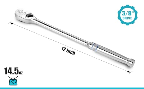 DURATECH Extra Long Handle 3/8-Inch Drive Ratchet, 90-Tooth Ratchet Wrench with 12" Handle and Dust Proof Teardrop Enclosed Head, Reversible, CR-V Steel Made, CR-MO Head, Full Polished, Gifts for Men - size: 3/8" with 12" handle