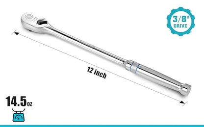 DURATECH Extra Long Handle 3/8-Inch Drive Ratchet, 90-Tooth Ratchet Wrench with 12" Handle and Dust Proof Teardrop Enclosed Head, Reversible, CR-V Steel Made, CR-MO Head, Full Polished, Gifts for Men - size: 3/8" with 12" handle