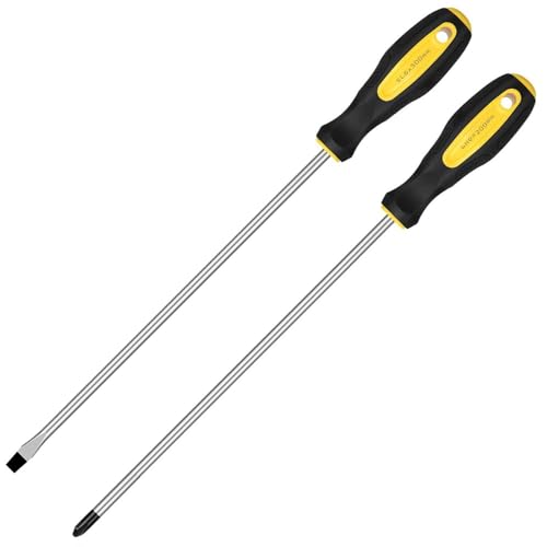 2Pcs 12-Inch Phillips & Flat Screwdriver Set, Long Cross Head & Slotted Blade Design, 6mm Tip Magnetic Extended Screwdriver - color: Black & Yellow