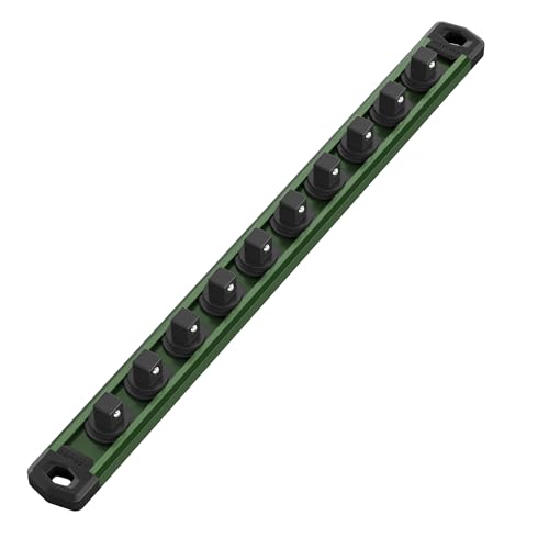 WORKPRO Magnetic Socket Organizer, Heavy Duty 3/8-Inch Drive Socket Rail | 1 Piece Socket Holder with 10 Spots, Aluminum Alloy, Rotatable & Movable Clips, Efficient Organization - color: Green, size: 3/8" DR