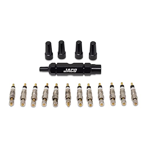 JACO Presta Valve Core Repair Kit for Bike Tires | with (12X) Replacement Valve Cores, (4X) Valve Caps, and Valve Removal Tool
