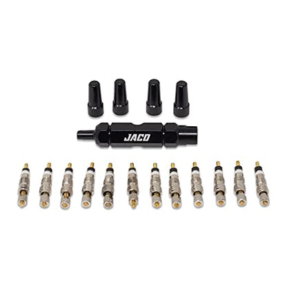 JACO Presta Valve Core Repair Kit for Bike Tires | with (12X) Replacement Valve Cores, (4X) Valve Caps, and Valve Removal Tool