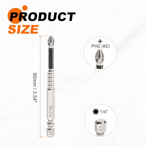 HARFINGTON 6pcs Impact Phillips Screwdriver Bit PH2 (#2) Anti Slip Tip 1/4" Hex Shank 3.54" (90mm) Long Magnetic Cross Screw Driver Industrial Power Drill Bits for Remove Fastening Screws - size: 3.54 inch