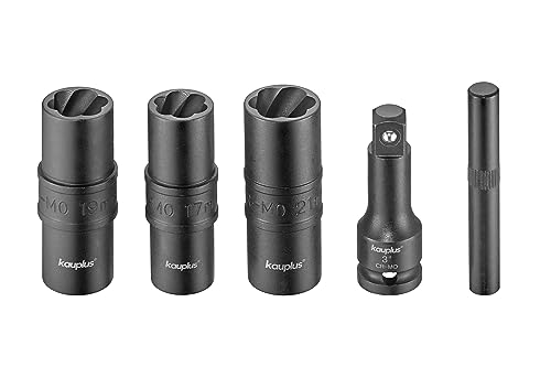 5PCS 1/2-Inch Damaged Bolt Extractor Flip Socket Set, Rounded-off Lug Nut Socket Removal, Metric, 17MM, 19MM, 21MM, W/3-Inch Extension, and a drift punch nut removal bar