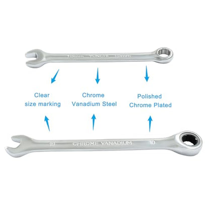 10mm Ratcheting Wrench 2 Pcs 72-Tooth 12-Point Chrome Plated | Forged 45# Carbon Steel Durable, 5-Degree Arc For Tight Spaces, 12-Point Protects Fasteners, Polished Chrome Anti-Rust - size: 0.39 Inch