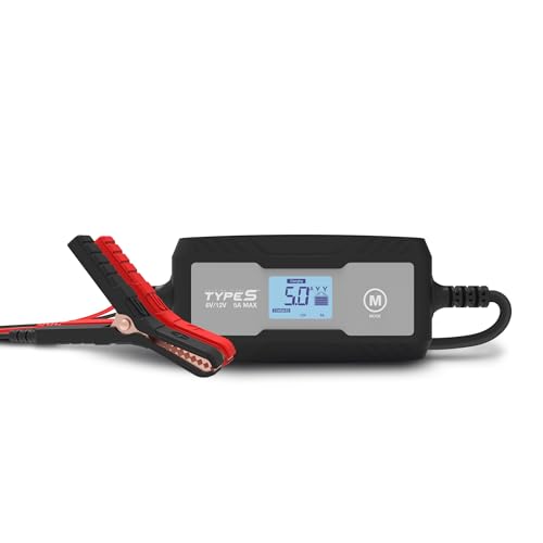 Type S 5A Smart Battery Charger & Maintainer – 6V & 12V Automatic Car Battery Charger for Cars, Trucks, Motorcycles, Boats, ATVs, Lawn Mowers, RVs – Lead-Acid, AGM, Gel, LiFePO4 Batteries - size: 5A