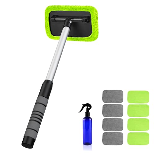 XINDELL Interior Windshield Cleaner Tool – Car Window Cleaning Tool Extendable Handle for Easy Cleaning, 9pcs Reusable Microfiber Pads, Streak-Free Interior & Exterior Auto Glass Cleaner - size: 17in