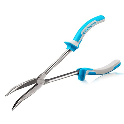 SPEEDWOX Long Reach Bent Nose Pliers 11 Inches 45 Degree Precision Fine Pliers for Mechanics Technicians Contractors High Leverage Professional Tool Non-slip TPR Handle Serrated Jaws - style: 45°Bent Nose Pliers