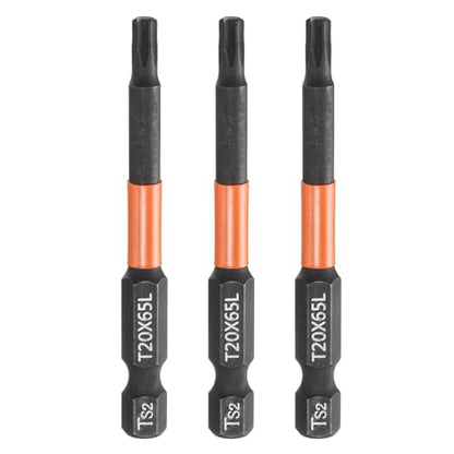 HARFINGTON 3pcs T20 Torx Head Screwdriver Bit 2.56" (65mm) Long 1/4" Hex Shank Magnetic No Hole Tamper Proof 6 Point Star Screw Driver Drill Bits Phosphate S2 Steel Industrial Power Tools - size: T20