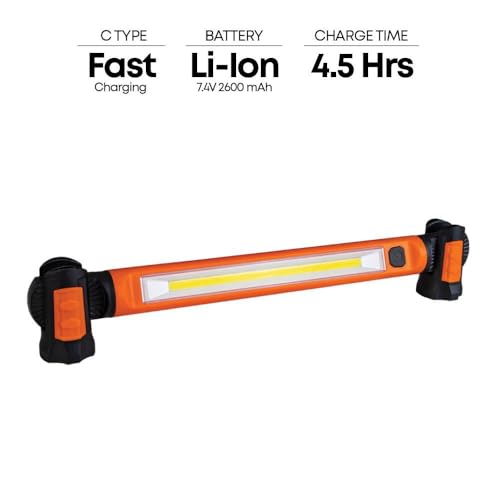Groz LED-355 Underhood Light, 1000 Lumen 10W COB Rechargeable Work Light with Magnetic Ends and 360° Swiveling Hooks, IK07 Impact Rated, Li-Ion 2600mAh, for Auto Repair and Mechanics (55113)