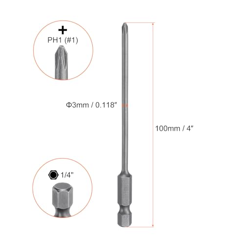HARFINGTON 5pcs #1 Phillips Screwdriver Bit PH1 1/4" Hex Shank 4" (100mm) Long Magnetic S2 Steel Industrial Grade Screw Driver Bit Cross Head Electric Drill Bits 0.118" (3mm) Rod - size: PH1 x 100mm x 3mm