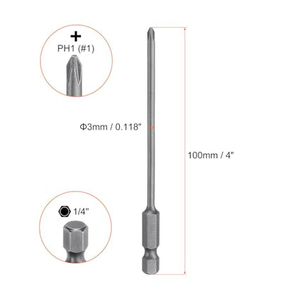 HARFINGTON 5pcs #1 Phillips Screwdriver Bit PH1 1/4" Hex Shank 4" (100mm) Long Magnetic S2 Steel Industrial Grade Screw Driver Bit Cross Head Electric Drill Bits 0.118" (3mm) Rod - size: PH1 x 100mm x 3mm
