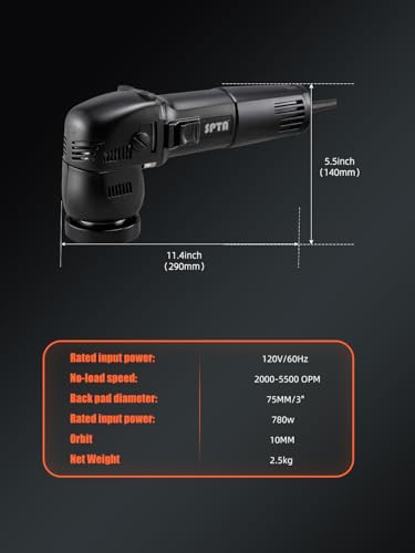 SPTA Mini Orbital Polisher - 3 Inch 10mm/780W Variable Speed Dual Action With Polishing Pads, Sanding Discs, Pad Conditioning Brush